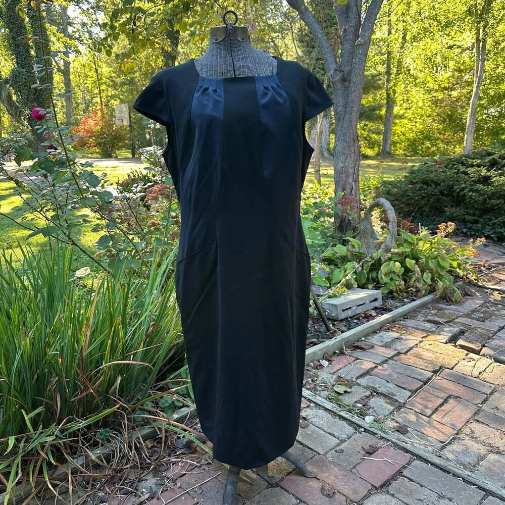 Loft Midi Dress Black Blue Cap Sleeve Pocket Sheath Size L